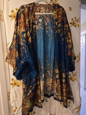 Batikcreations Floral Satin Kimono Jacket - Blue/Gold, And Black/ Floral